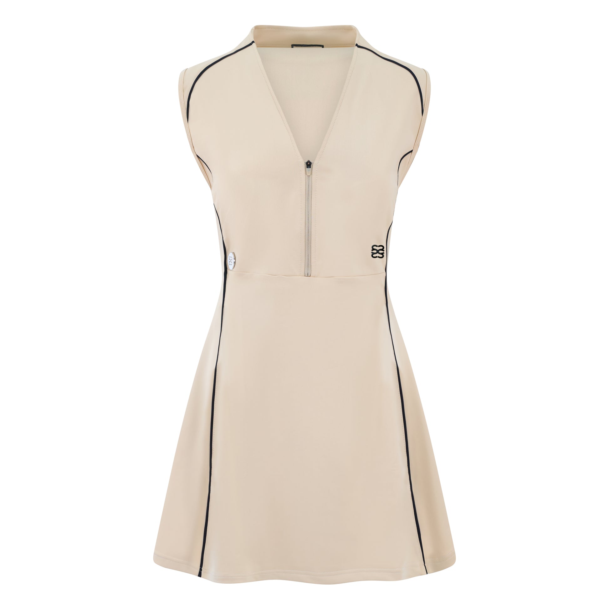 Women’s sleeveless golf dress in sand with half-zip front, stretch frabic and pockets