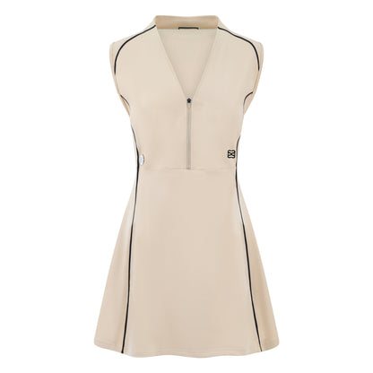 Women’s sleeveless golf dress in sand with half-zip front, stretch frabic and pockets