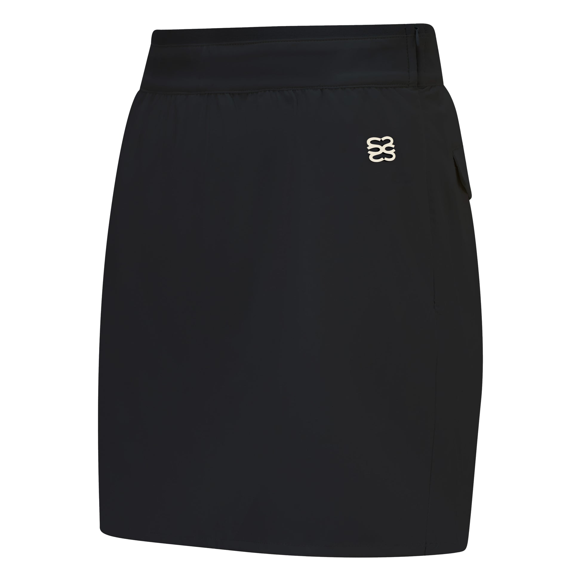 Women's golf skirt with wrap skirt in black and elasticated waistband and pockets
