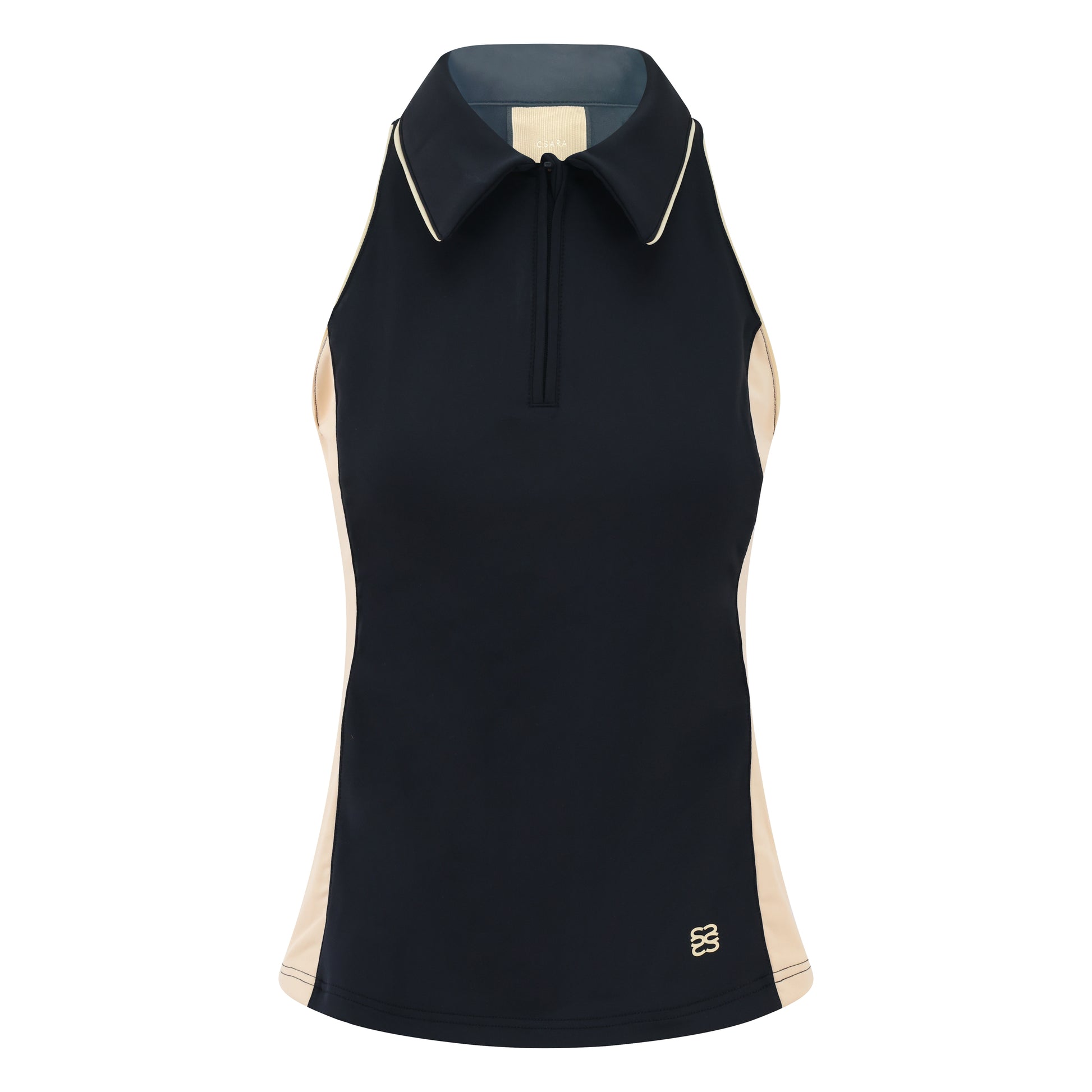 Women's sleeveless golf polo shirt with stretch fabric, collar and quarter zip and magnetic ball marker