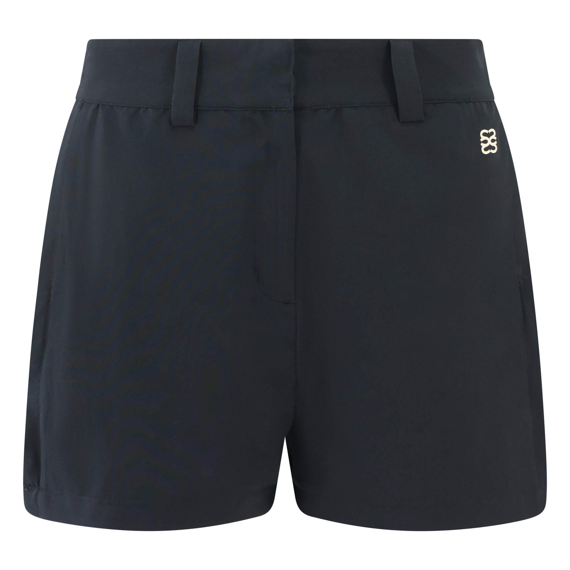 Women’s golf shorts in black, four-way stretch fabric with pockets and magnetic ball marker