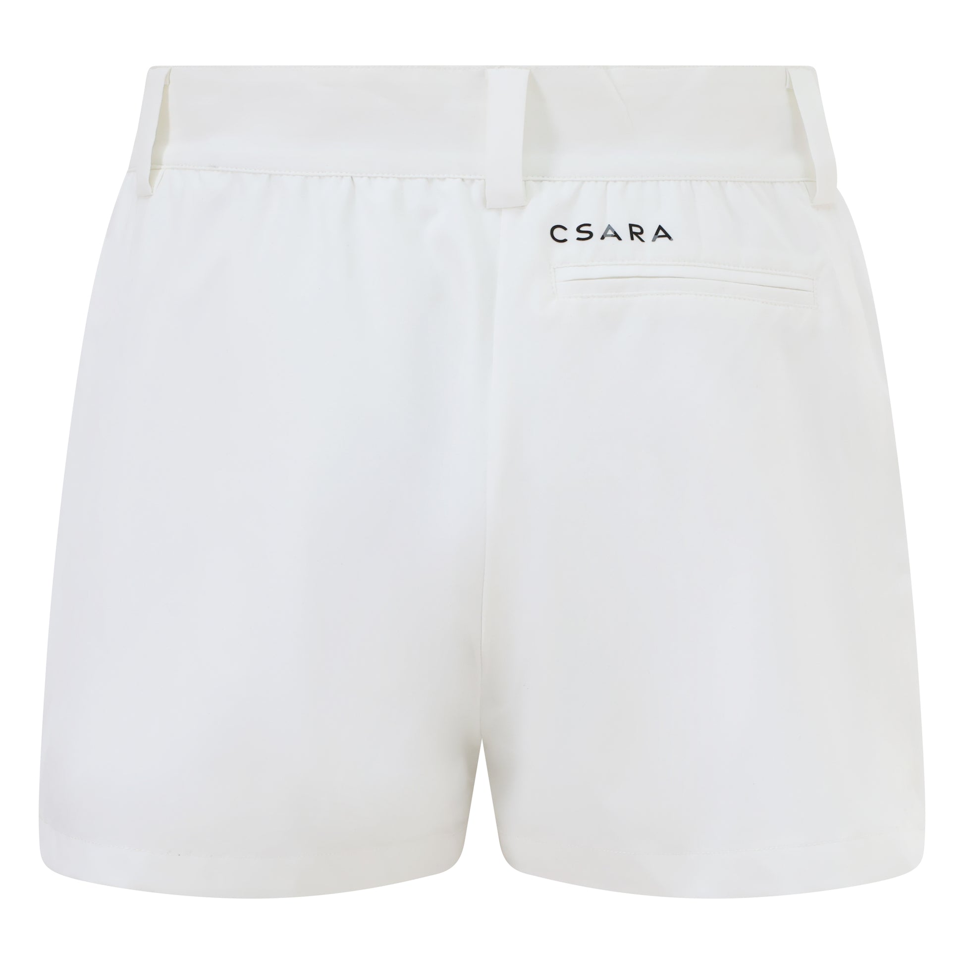 Women’s golf shorts in white, four-way stretch fabric with pockets and magnetic ball marker