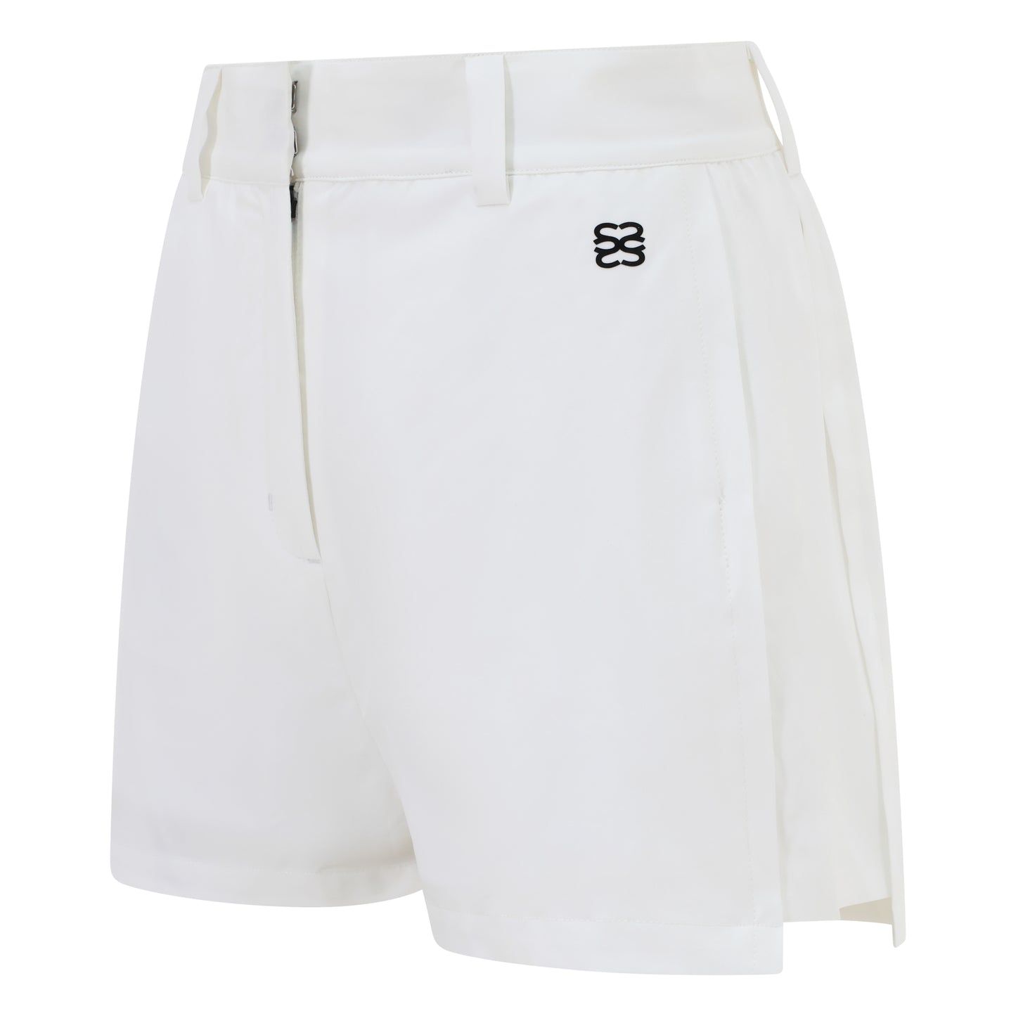 Women’s golf shorts in white, four-way stretch fabric with pockets and magnetic ball marker
