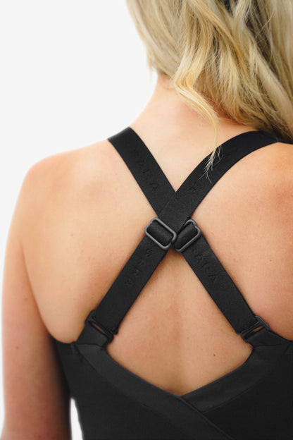 Black long-line Sports Bra, with brown logo