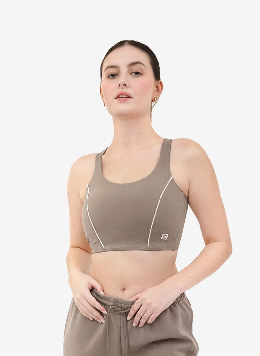 Mocha grey longline sports bra with white piping and white logo