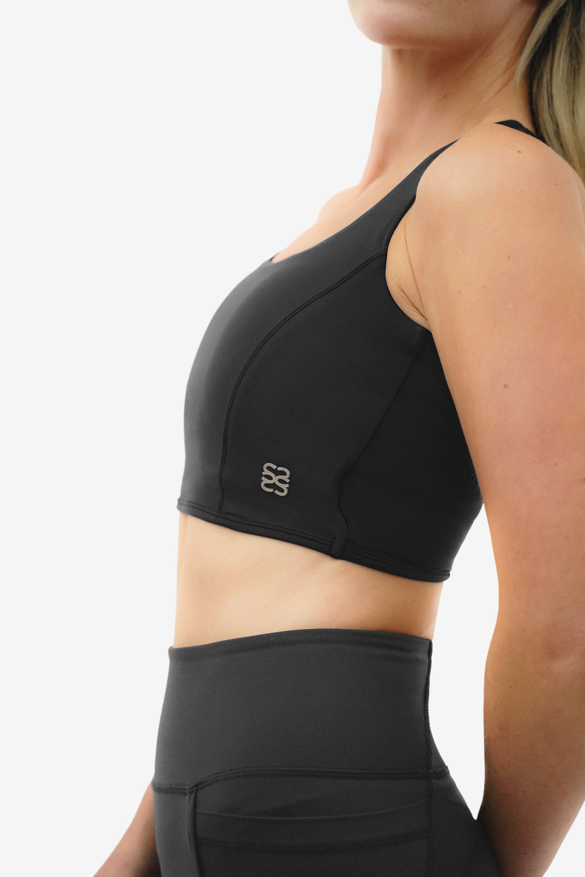 Black long-line Sports Bra, with brown logo