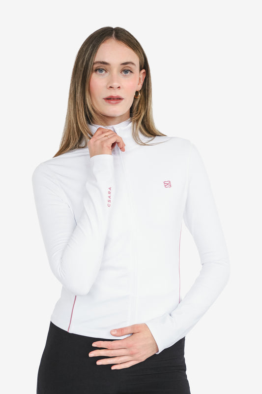 White zip through sports jacket with pink piping and branding