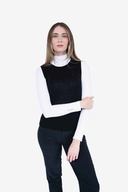 CSARA Raven knitted vest in black, women’s sleeveless golf knitwear, full-length product image.