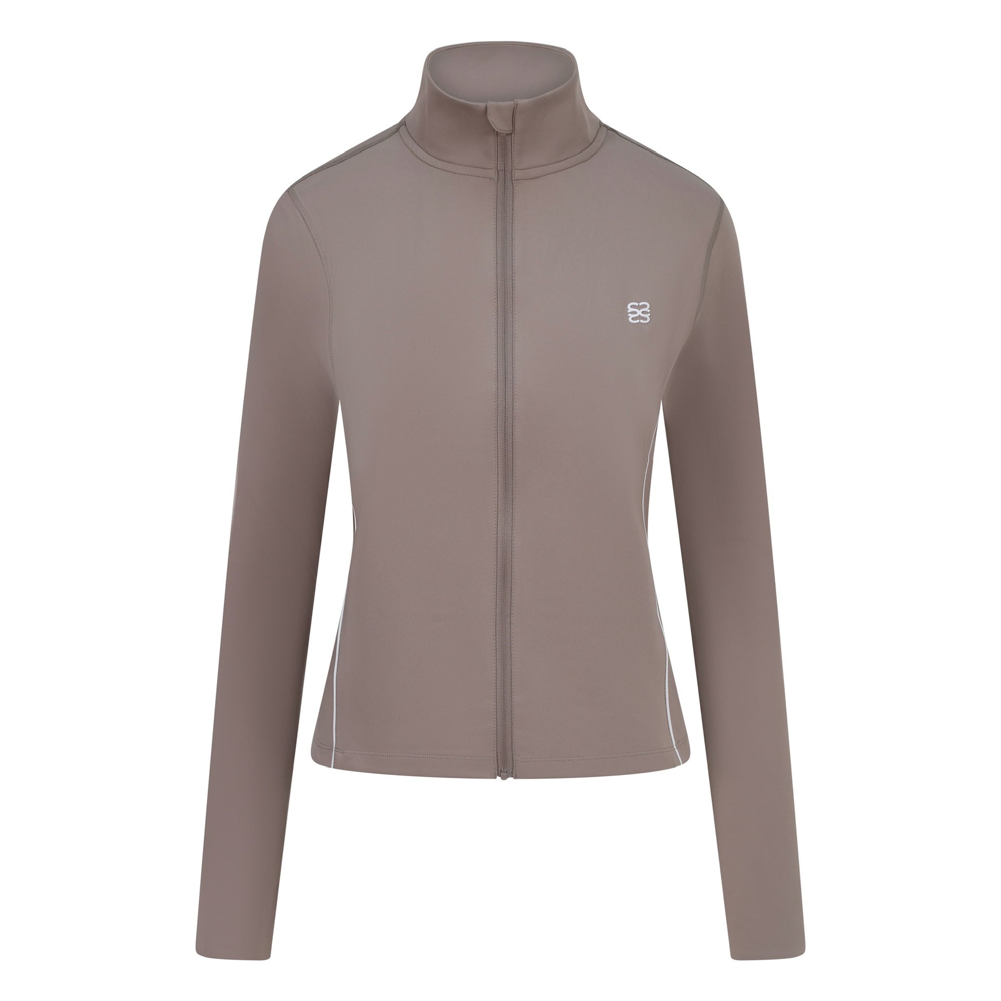 Mocha zip through sports jacket with pink piping and branding - ghost image front