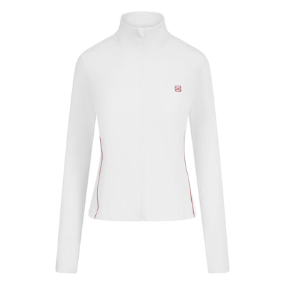 White zip through sports jacket with pink piping and branding - ghost image front