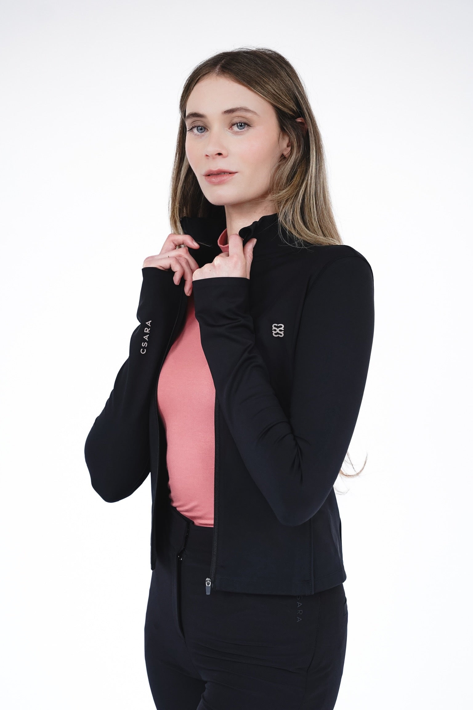 Black zip through sports jacket with rubber branding