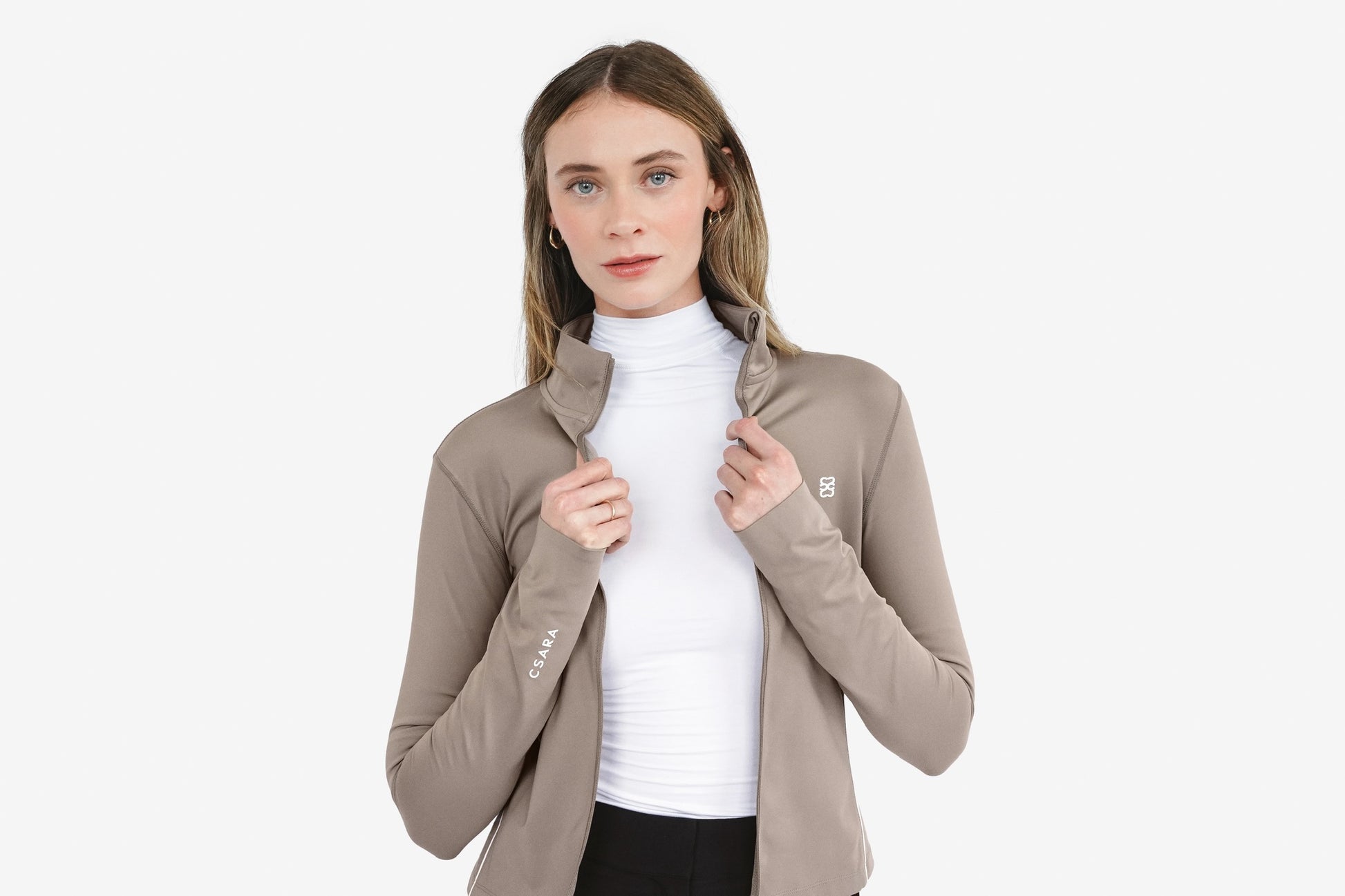 Mocha brown zip through sports jacket with white piping 