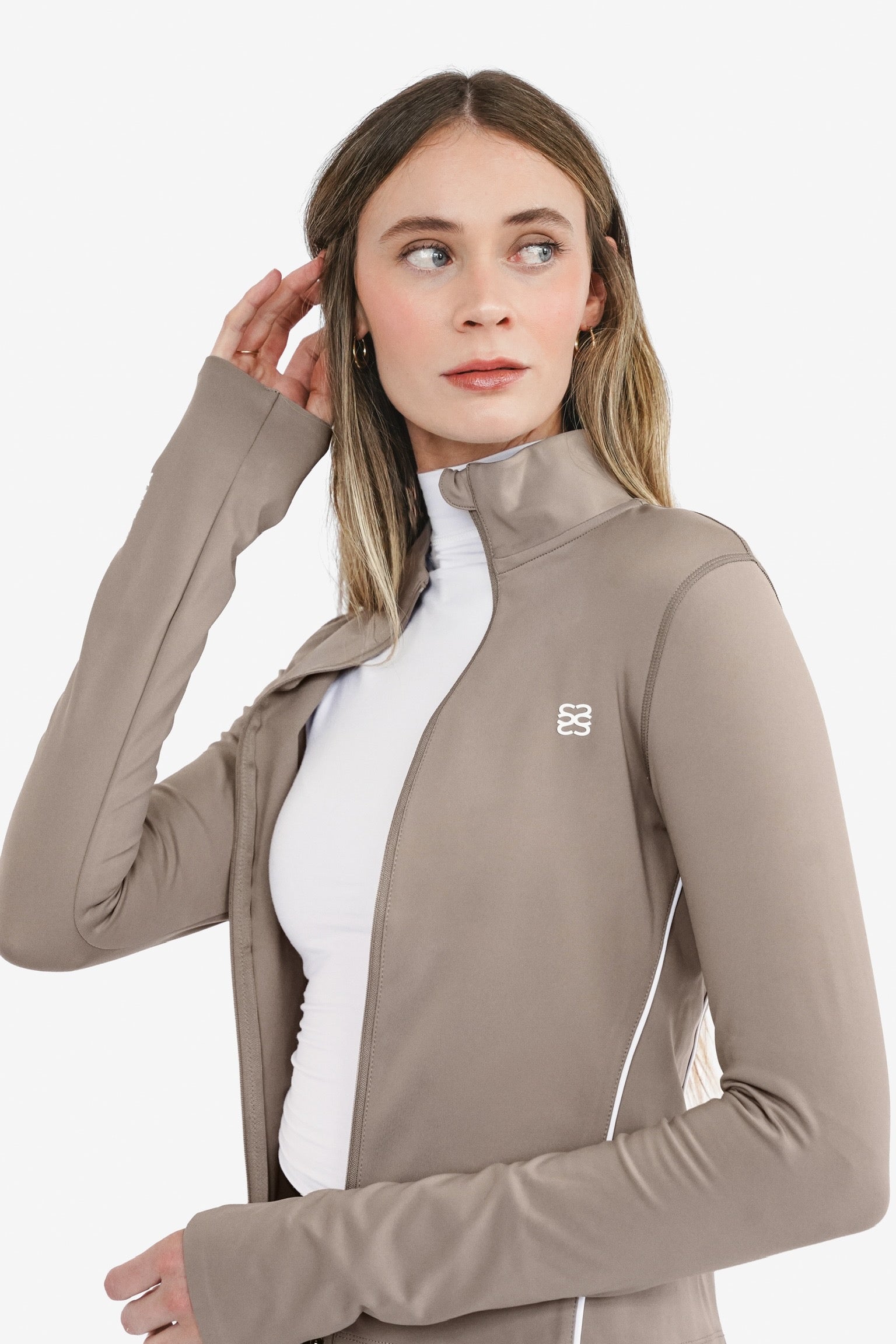 Mocha brown zip through sports jacket with white piping 