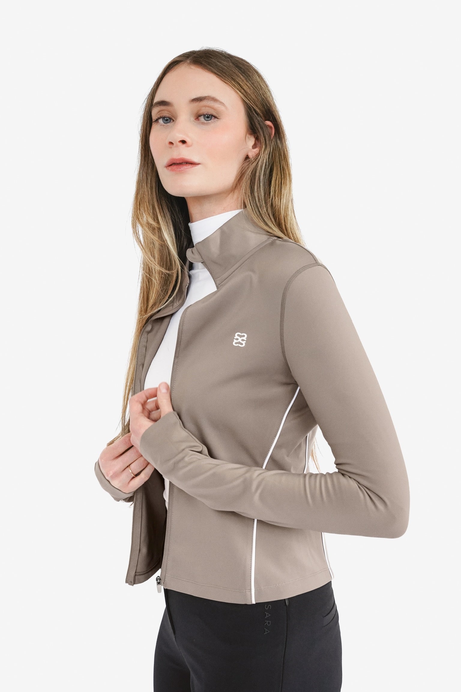 Mocha brown zip through sports jacket with white piping 