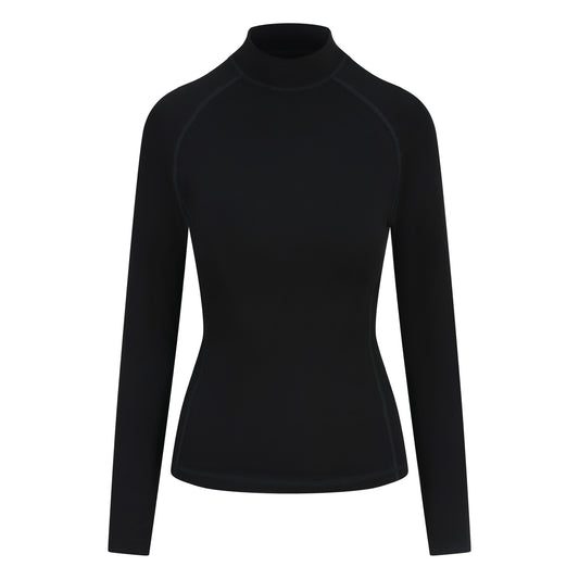 Black womens baselayer with mock collar - ghost image front