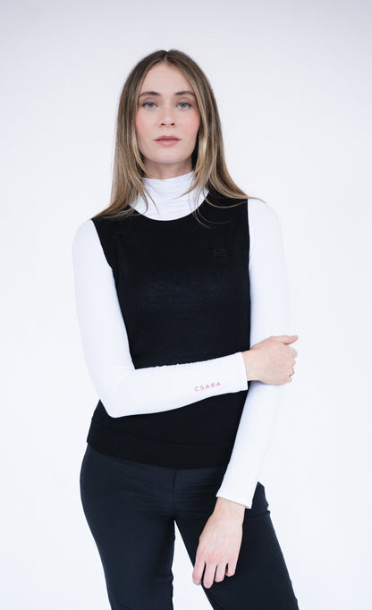 CSARA Raven knitted vest in black, women’s sleeveless golf knitwear, full-length product image.